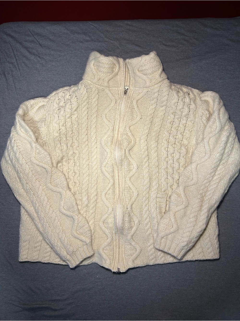 Aran Mor 100% Morino Wool from Ireland Cozy Cream Cable Zip-Up Sweater